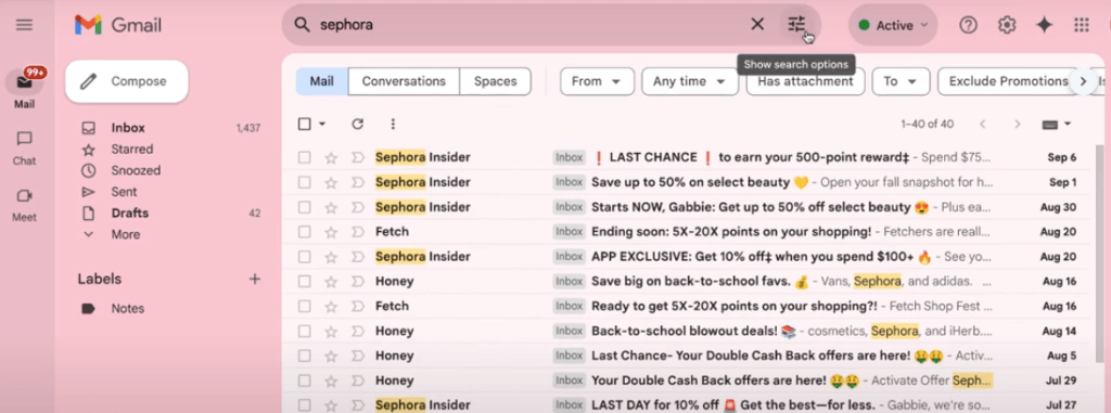 Highlighting Gmail's filter icon to organize and search school-related emails more efficiently.