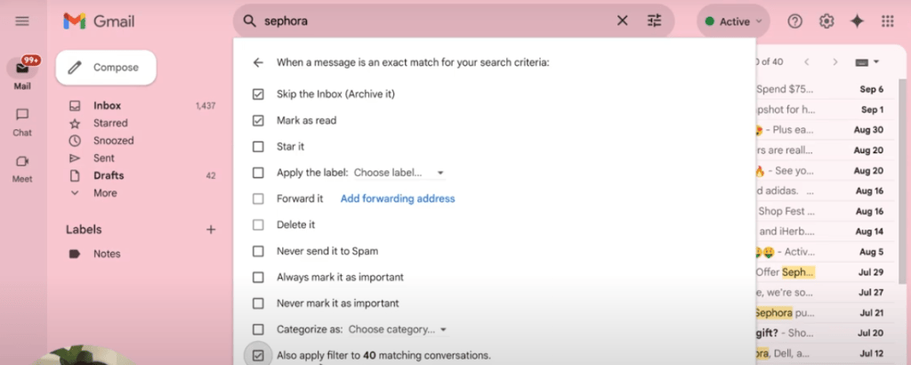Screenshot of Gmail filter settings used to automatically sort or forward school emails—email management tip.