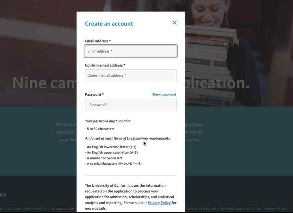 University of California account creation page with fields for email, password, and password requirements