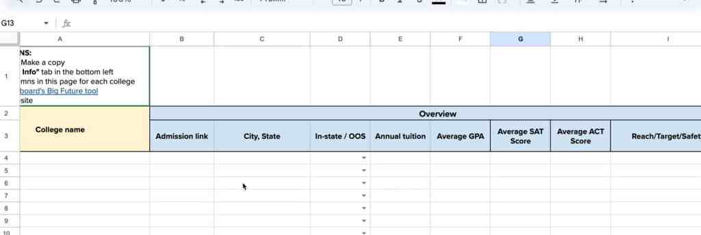 Spreadsheet template for college list planning with columns for admissions link, location, tuition, GPA, and test scores